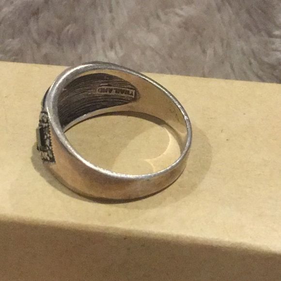 Vintage Black Onyx Marcasite Sterling Silver Mosaic Inlay Ring Sz 9 - Picture 3 of 5